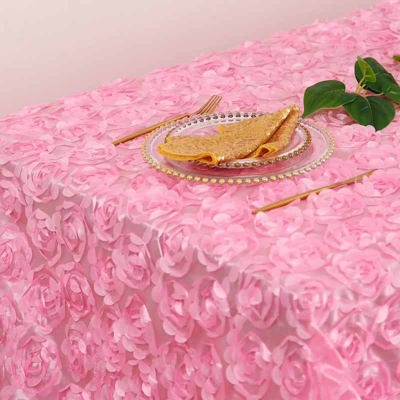 Fanqisi Pink Rosette Tablecloth 50x80 Inches Wholesale Rectangle Table Cover Rosette 3D Satin Tablecloth for Dinner Wedding Birthday Party Reception Table Decoration - Image 2